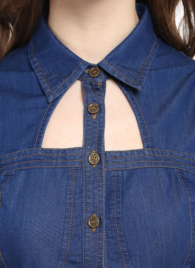 StyleStone فستان A-line بطول الركبة من جينز أزرق للنساء من ستايل ستون - Image 4