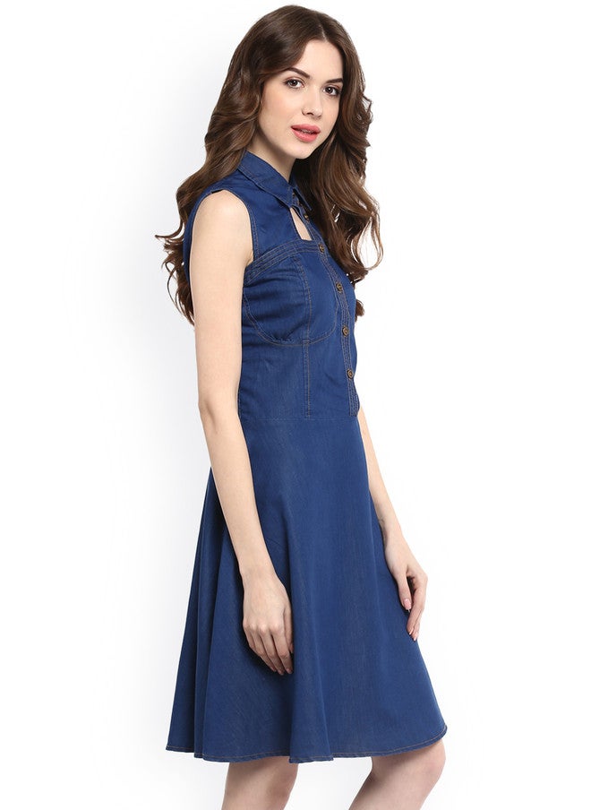 StyleStone فستان A-line بطول الركبة من جينز أزرق للنساء من ستايل ستون - Image 2