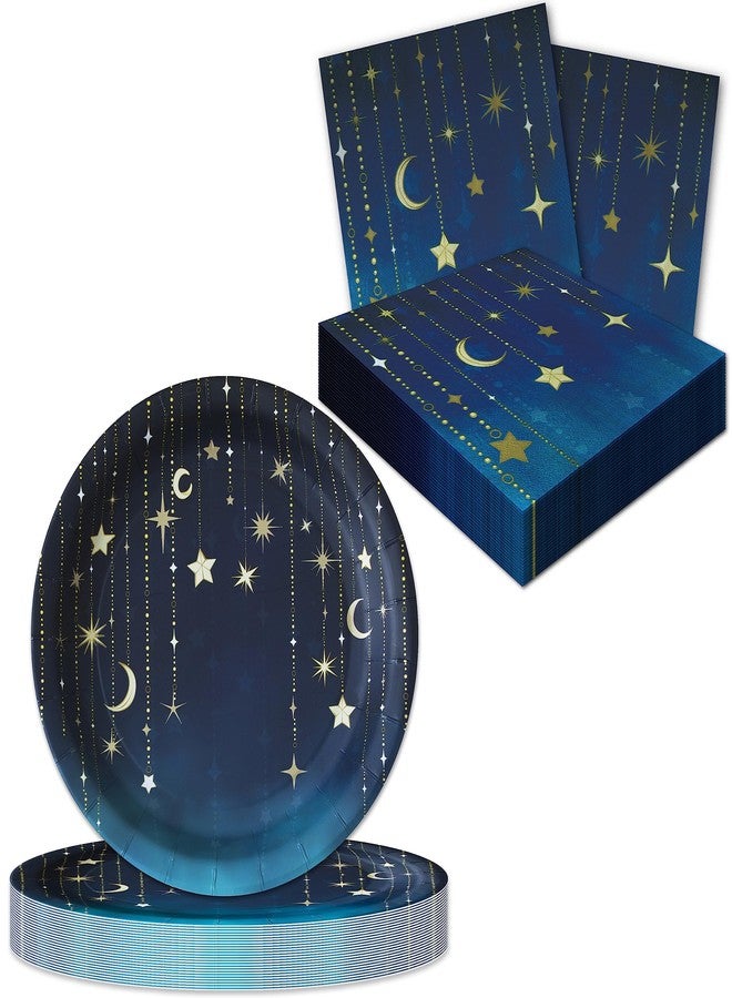 Havercamp Starry Night Party for 48! Jumbo Set includes 48 XL 10” Plates and 48 Luncheon Napkins. Beautifully Printed in the Navy Ombre’ & Gold Starry Night theme - Image 1