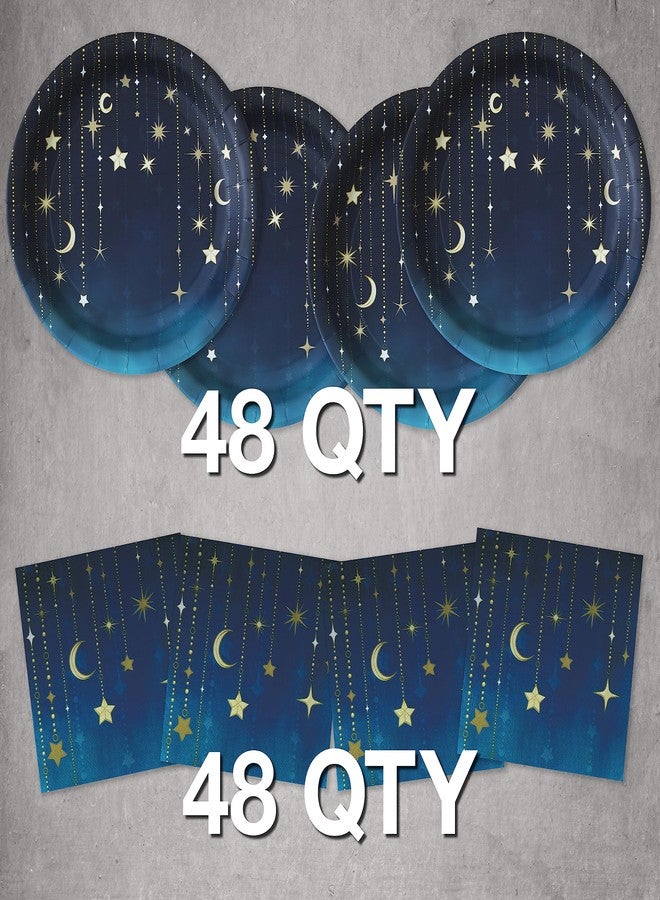 Havercamp Starry Night Party for 48! Jumbo Set includes 48 XL 10” Plates and 48 Luncheon Napkins. Beautifully Printed in the Navy Ombre’ & Gold Starry Night theme - Image 2