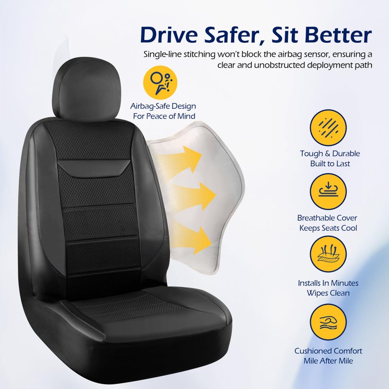 kingphenix 2 Pack Front Memory Foam Leather Car Seat Covers, Breathable 4D Mesh, Easy Install Automotive Seat Protectors, Airbag Compatible, Universal Fit for Cars, Trucks, Vans, SUV - Black - Image 2