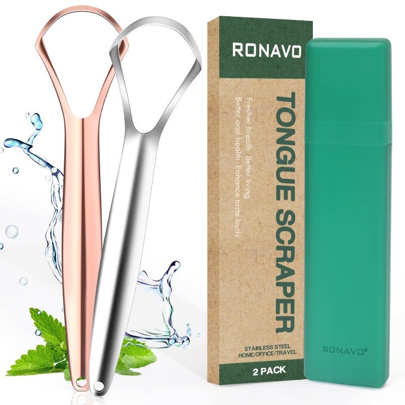 RONAVO Tongue Scraper for Adults Two Colors Designed for Couples Cure Bad Breath Tongue Cleaners Stainless Steel Metal Tongue Scrapers for Oral Care Hygiene 2 Pack - Image 1