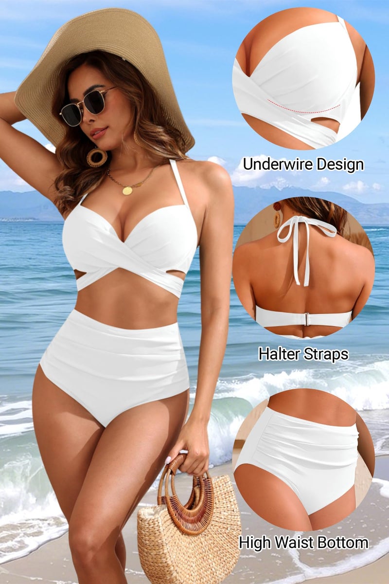 Tempt Me White High Waisted Underwire Bikini Sets - Women 2025 Two Piece Swimsuits Halter Bathing Suits with Tummy Control Bottom L - Image 4
