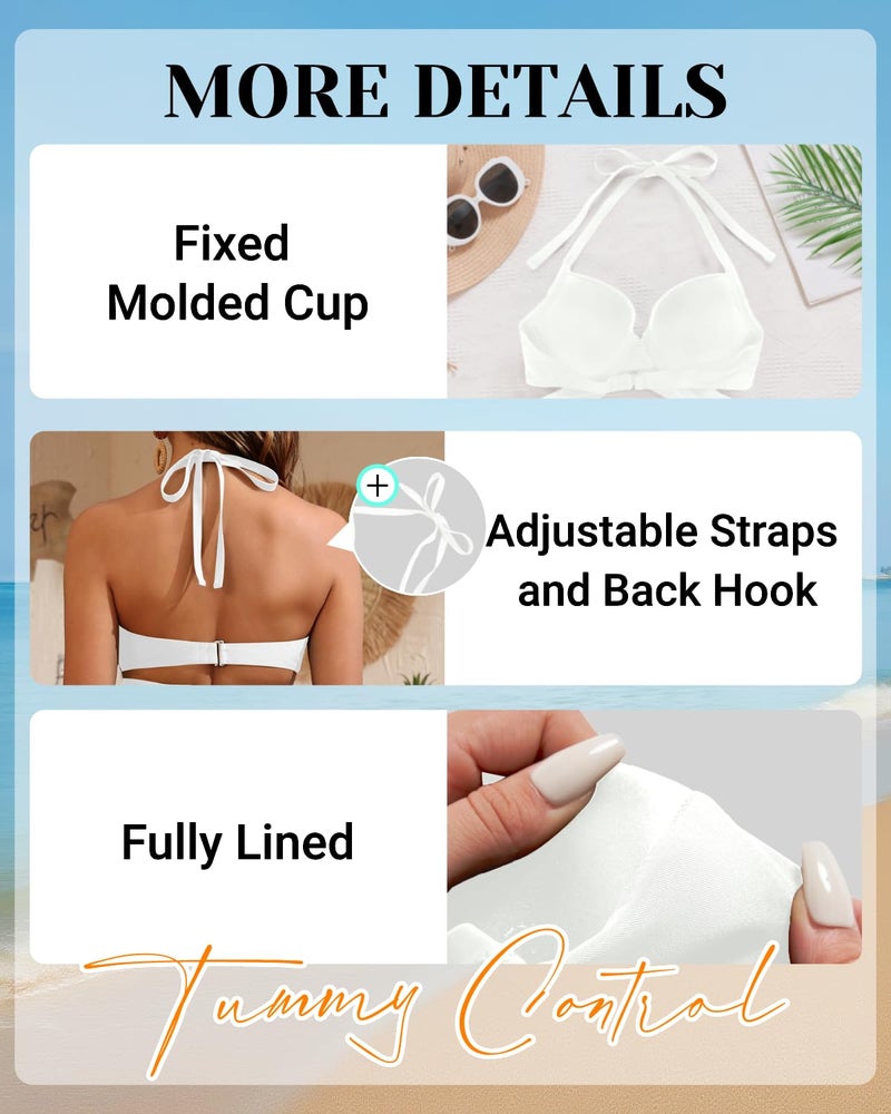 Tempt Me White High Waisted Underwire Bikini Sets - Women 2025 Two Piece Swimsuits Halter Bathing Suits with Tummy Control Bottom L - Image 5
