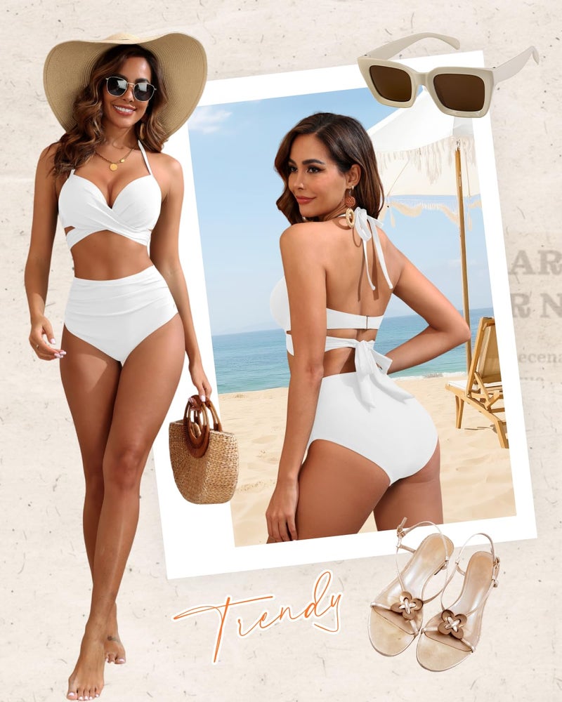 Tempt Me White High Waisted Underwire Bikini Sets - Women 2025 Two Piece Swimsuits Halter Bathing Suits with Tummy Control Bottom L - Image 2