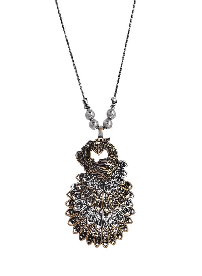 NAMAN ARTS Oxidised Dual Tone Peacock Pendant Necklace for Women | Antique Gold Bird Charm | Pure Brass Lightweight Ethnic Boho Chain Necklace - Image 1