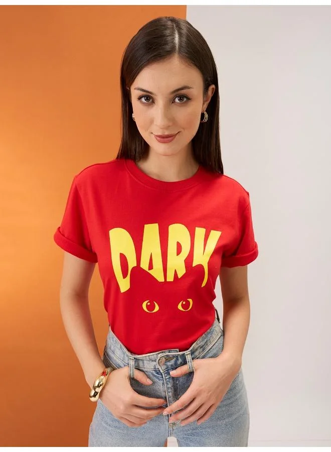 globus Globus Women Red Graphic Print Round Neck Short Sleeves Boxy Fit T-Shirt