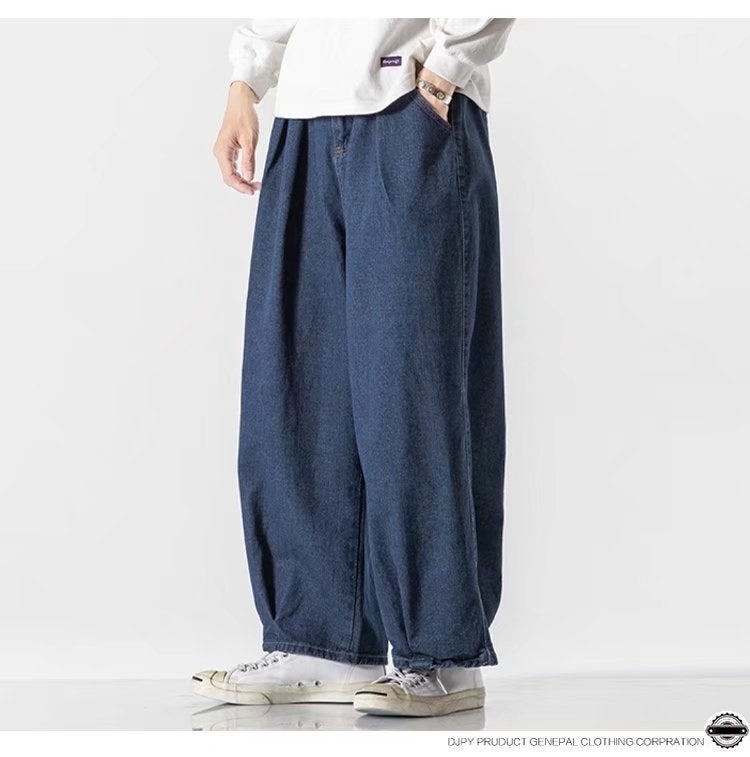 Deep Blue Wide Leg Mens Jeans Student Style Loose Fit Large Size Straight Cut Nine Point Spring Summer Casual Cotton Denim Dark blue 
