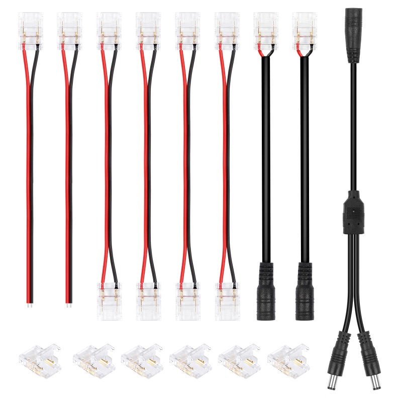 HitLights LED Strip Connector 2Pin 10mm Connector Kit Include Gapless Connector Jumper Connectors Pigtail Connector DC Female and Connector DC Jack Splitter for COB2835 Single Color LED Strips - Image 2