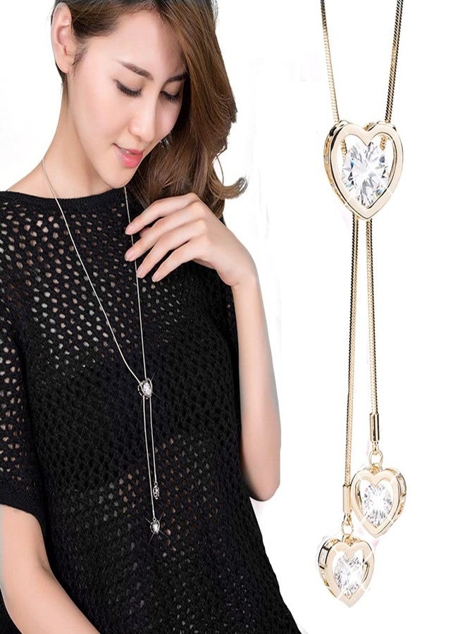 سيثر قلادة سيثر هارت للنساء، قلادة طويلة مرصعة بالكريستال، سلسلة سترة، قلادة بشرابة، مجوهرات زفاف لحفلات السهرة الشتوية الأنيقة (ذهبي) - Image 1