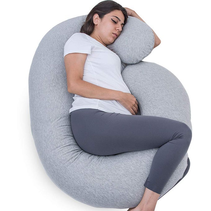 PREGNANCY PILLOW C SHAPED FULL BODY PILLOW FOR MATERNITY SUPPORT PREGNANT WOMEN SLEEPING PILLOW WITH JERSEY COVER LIGHT GREY