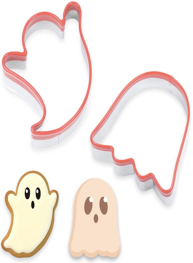 COOKIEQUE 2-Piece Hallowenn Ghost Cookie Cutters. Food-Grade Stainless Steel Sandwich Cutters, Biscuit Cutter Set, Holiday Cookie Cutters, Unique Design with Protective Red Top Rubber - Image 1