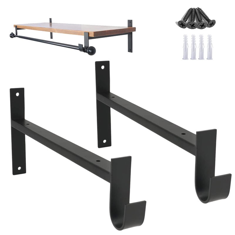 AddGrace Closet Rod Bracket Heavy Duty Shelf Brackets 8 Inch Black Wall Mounted Closet Rod Support with Pole Holder Industrial Iron Shelving Supports with Hook 2 Pack
