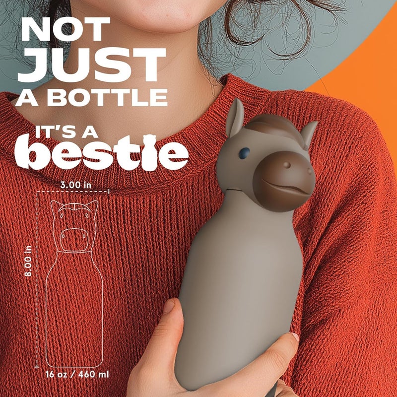 asobu Bestie Bottle Insulated Stainless Steel Water Bottle with Detachable Soft Animal Head Fun Drinking For Kids and Teens with Flexible Reusable Straw 16 Ounce (Horse) - Image 4