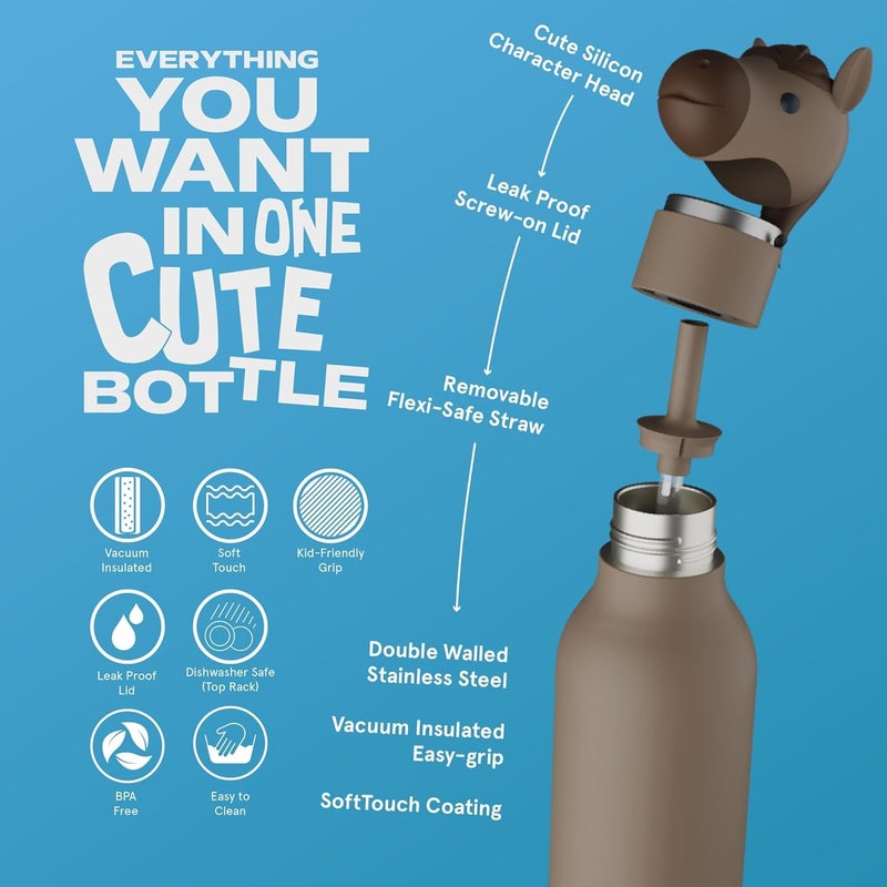 asobu Bestie Bottle Insulated Stainless Steel Water Bottle with Detachable Soft Animal Head Fun Drinking For Kids and Teens with Flexible Reusable Straw 16 Ounce (Horse) - Image 2