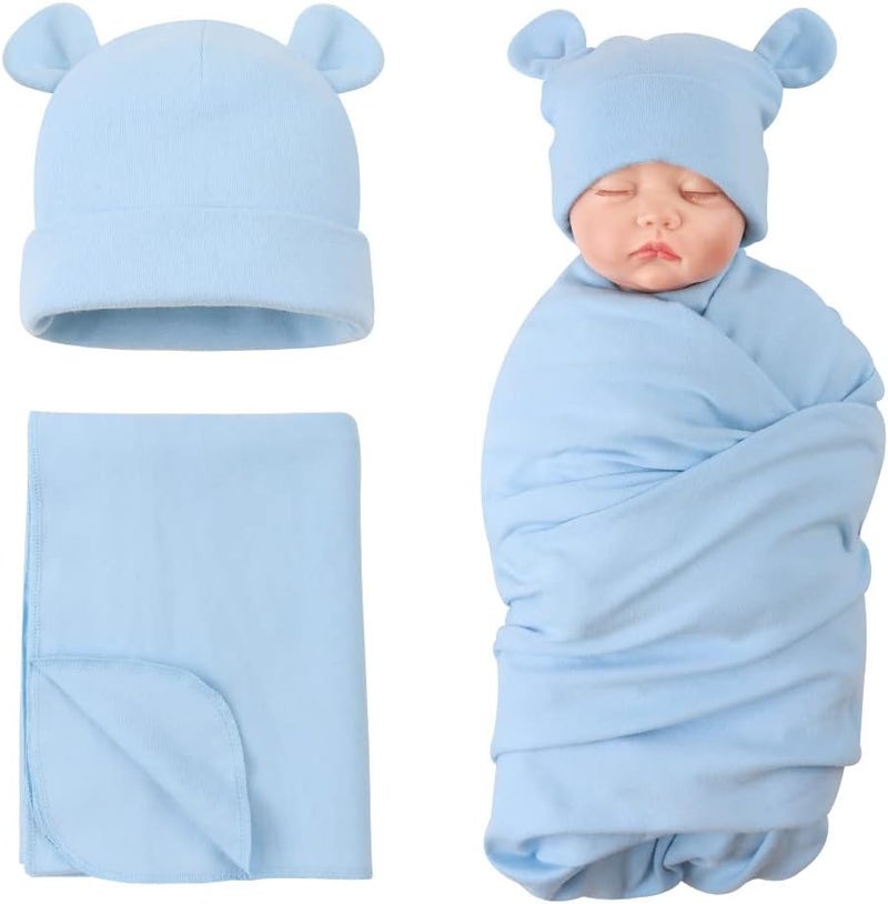 Pesaat Cotton Baby Swaddle Hat Set Newborn Infant Hats Receiving Blankets for Baby Boys Girls - Image 1