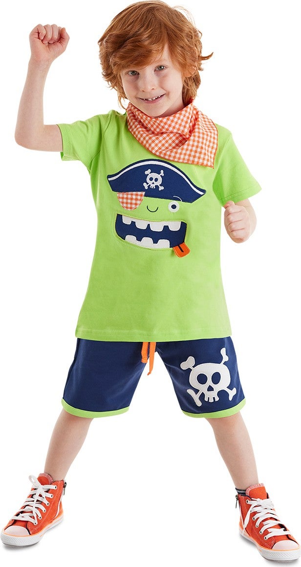 Denokids 3d Green Pirate Kids T-shirt Shorts Bandana Set  - Image 1