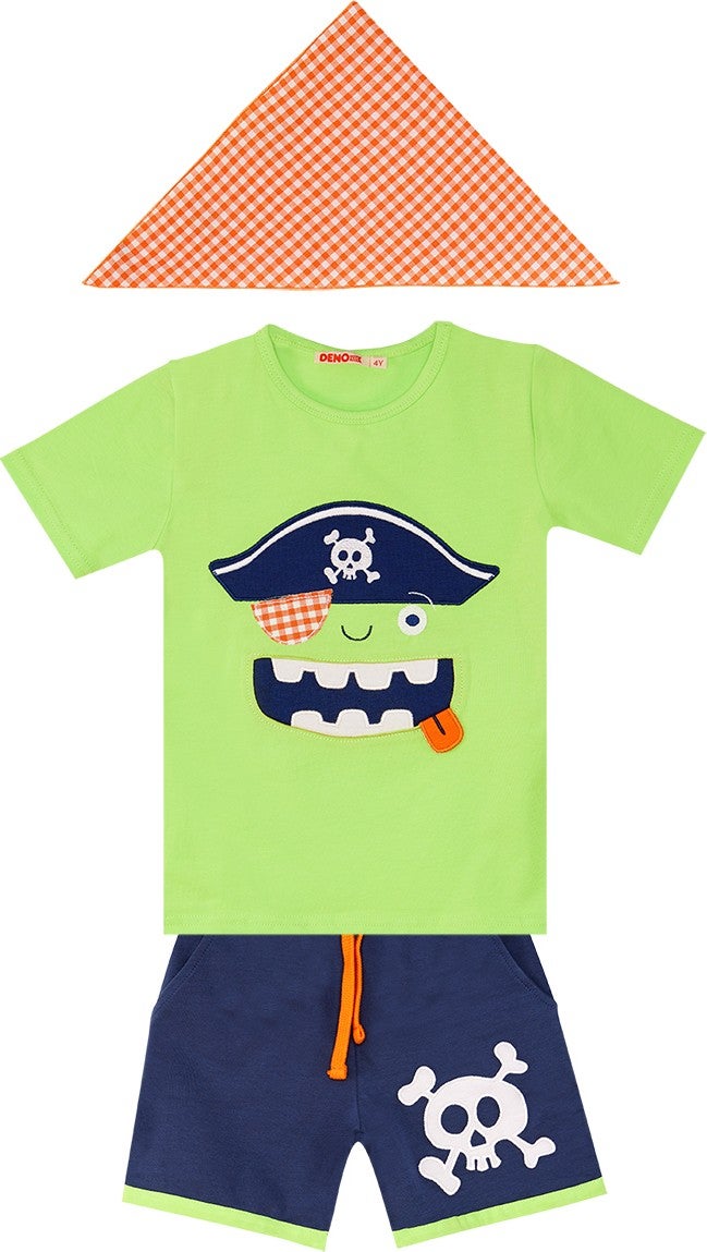 Denokids 3d Green Pirate Kids T-shirt Shorts Bandana Set  - Image 4