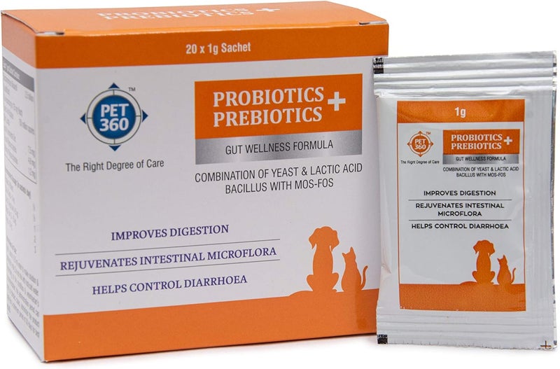 PET360 PROBIOTICS + PREBIOTICS Gut Wellness Formula for Dogs & Cats | Probiotic Supplement | Prevents Diarrhea & Indigestion | Cat & Dog Gut Health Supplement for Improved Immunity - 20 Sachets - Image 1