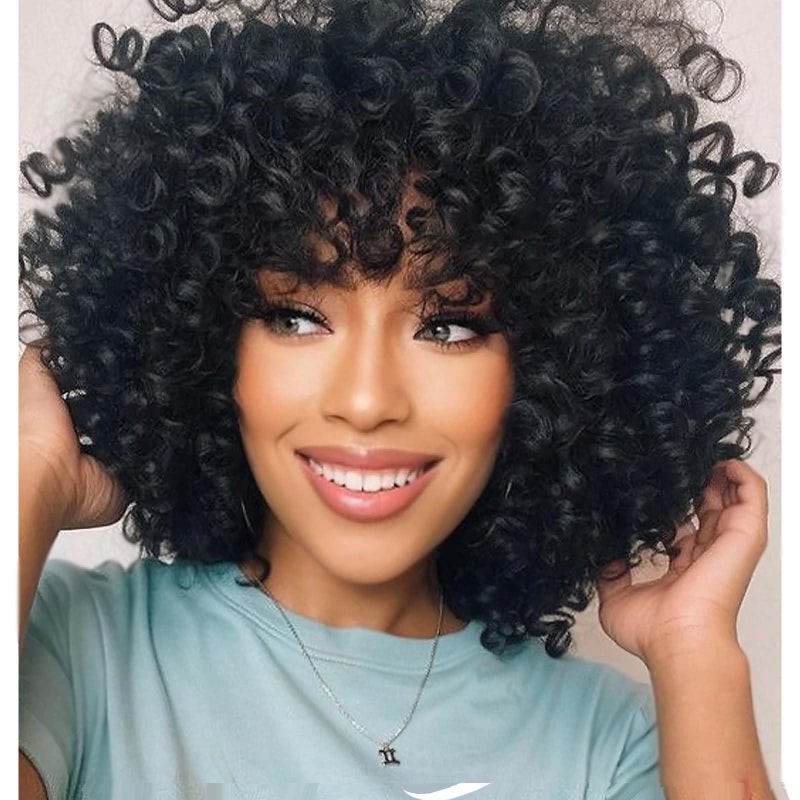 PHOENIXFLY Black Curly Wigs for Black Women Short Curly Wigs for Women Curly Synthetic Hair Heat Resistant Hair Replacement with Wig Caps (Black) - Image 1