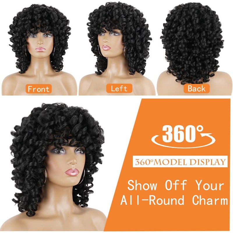 PHOENIXFLY Black Curly Wigs for Black Women Short Curly Wigs for Women Curly Synthetic Hair Heat Resistant Hair Replacement with Wig Caps (Black) - Image 2