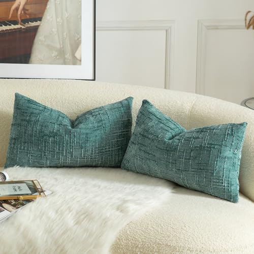 MANDIOO Pack of 2 Soft Chenille Textured Throw Pillow Covers Lumbar Accent Solid Decorative Cushion Cover Cozy Farmhouse Pillow Case for Couch Sofa Bed Living Room 12x20 Inch Teal - Image 2