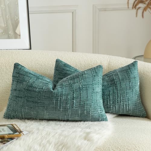 MANDIOO Pack of 2 Soft Chenille Textured Throw Pillow Covers Lumbar Accent Solid Decorative Cushion Cover Cozy Farmhouse Pillow Case for Couch Sofa Bed Living Room 12x20 Inch Teal - Image 1