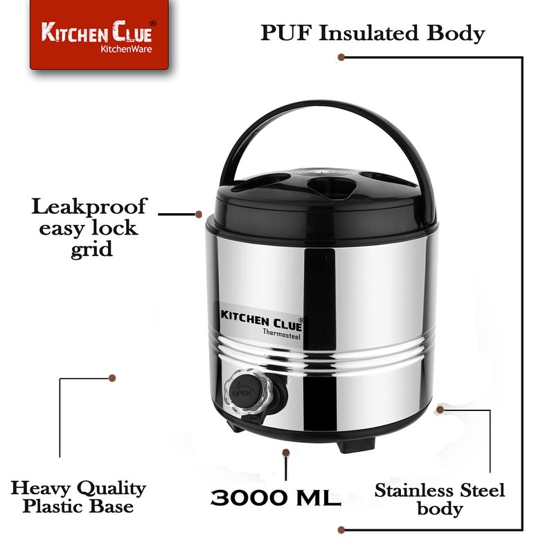 KITCHEN CLUE Stainless Steel Insulated Tea/Water Jug Carafe with Stylish Leakproof tap and Easy to Carry Handle (3 Lt/Hot and Cold Upto 4 to 5 hrs) I Ideal for Home Kitchen Office (3 Liters) - Image 3