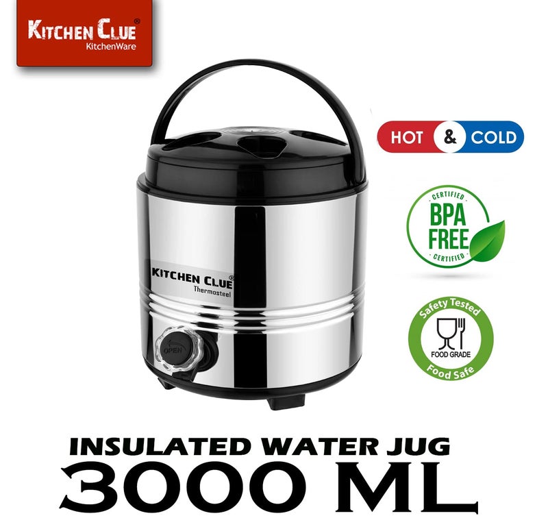 KITCHEN CLUE Stainless Steel Insulated Tea/Water Jug Carafe with Stylish Leakproof tap and Easy to Carry Handle (3 Lt/Hot and Cold Upto 4 to 5 hrs) I Ideal for Home Kitchen Office (3 Liters) - Image 5