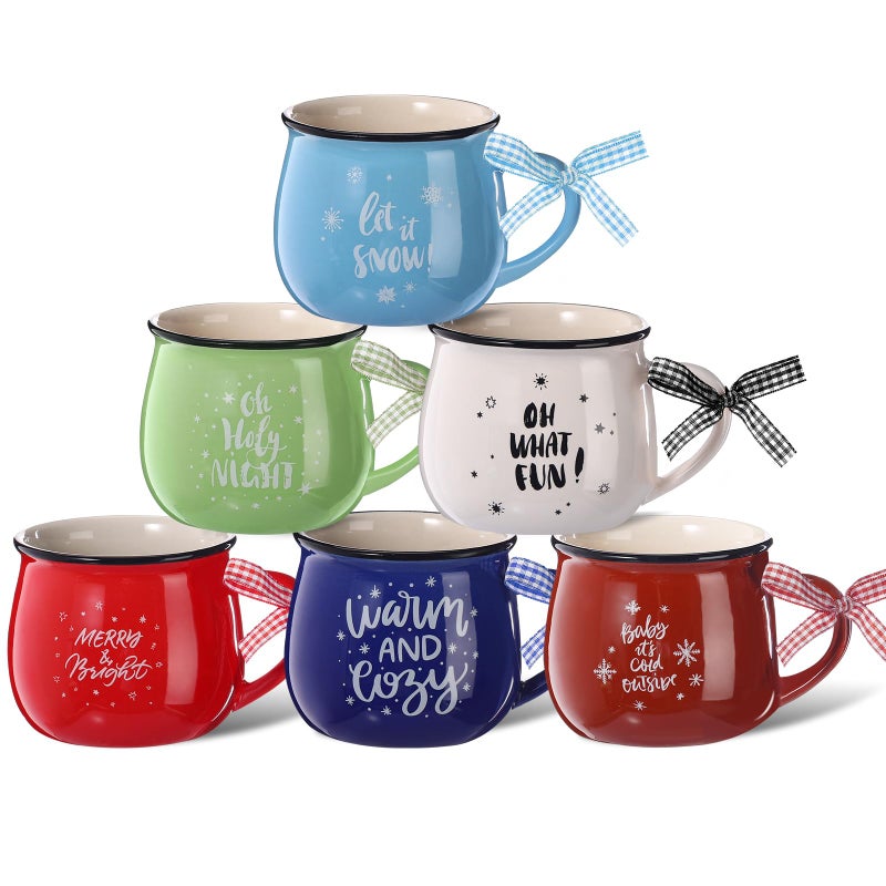 Sawysine Christmas Coffee Mugs Set of 6 12 oz Ceramic Mug Gift Holiday Hot Cocoa for Family Mom Woman Friend Farmhouse Colorful Style - Image 2
