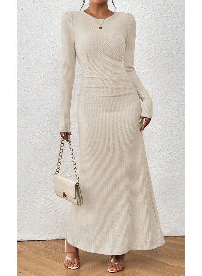 MITILLY Fall Dress for Women 2025 Long Sleeve Maxi Dress Formal Crew Neck Bodycon Ruched Cocktail Party Dresses, Champagne Pink, S - Image 2