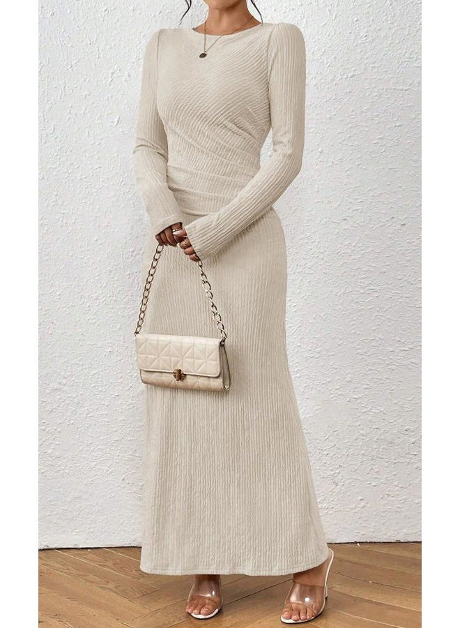 MITILLY Fall Dress for Women 2025 Long Sleeve Maxi Dress Formal Crew Neck Bodycon Ruched Cocktail Party Dresses, Champagne Pink, S - Image 5