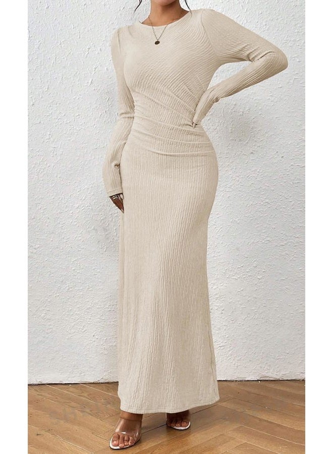 MITILLY Fall Dress for Women 2025 Long Sleeve Maxi Dress Formal Crew Neck Bodycon Ruched Cocktail Party Dresses, Champagne Pink, S - Image 4