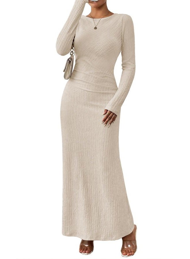 MITILLY Fall Dress for Women 2025 Long Sleeve Maxi Dress Formal Crew Neck Bodycon Ruched Cocktail Party Dresses, Champagne Pink, S - Image 1