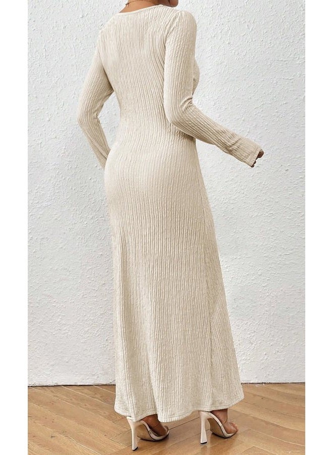 MITILLY Fall Dress for Women 2025 Long Sleeve Maxi Dress Formal Crew Neck Bodycon Ruched Cocktail Party Dresses, Champagne Pink, S - Image 3