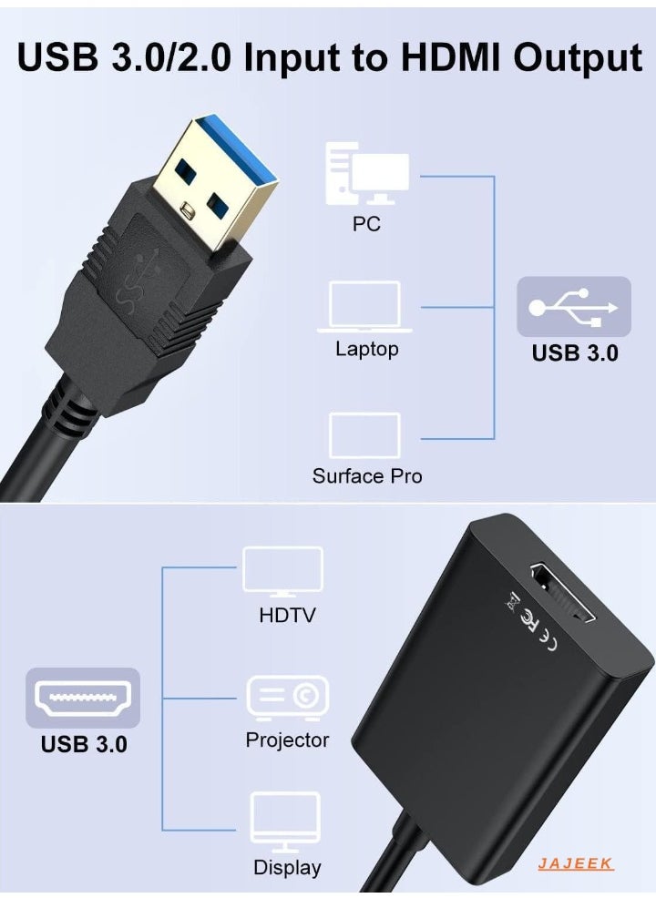 JAJEEK محول USB إلى HDMI – كابل فيديو جرافيكس بدقة 1080P HD لشاشات متعددة، USB 3.0/2.0 إلى HDMI للكمبيوتر، اللابتوب، البروجيكتور، الشاشة، التلفاز HD – متوافق مع أجهزة ويندوز - Image 2