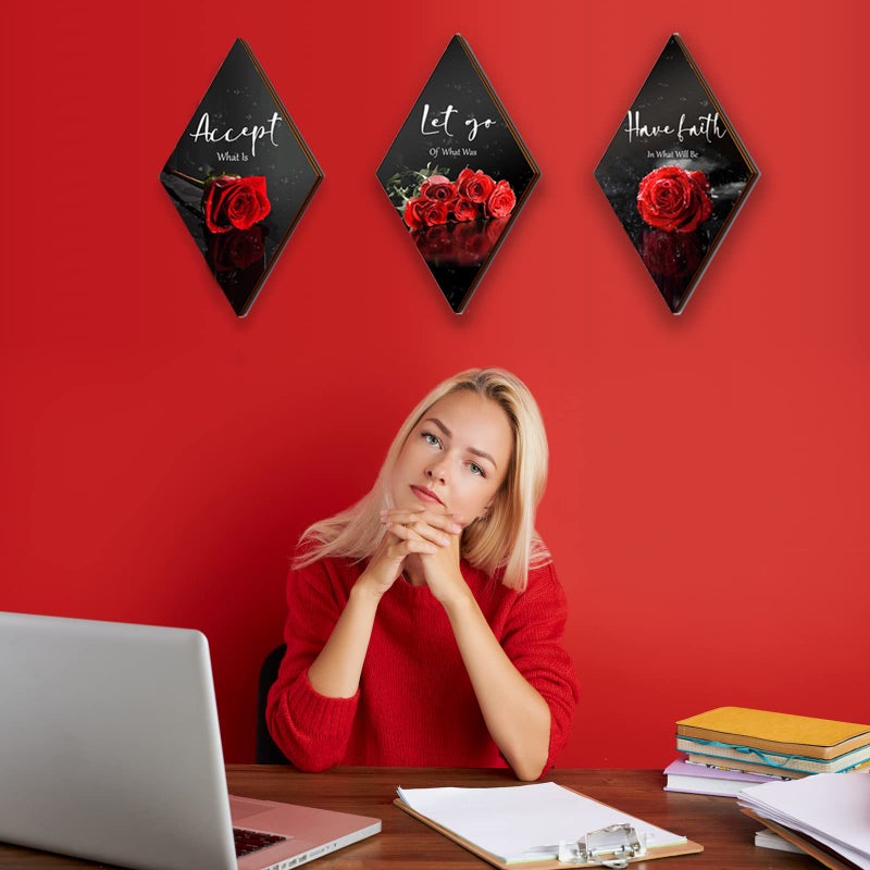 ZINYAZHE 3 Pcs Red Rose Bathroom Wall Decor Flower Red Decor Inspirational Wooden Wall Art Office Wall Decor with Accept Let Go Have Faith Sign for Girl Women Bathroom Living Room Bedroom(Red Rose12 x 7 Inch) - Image 4