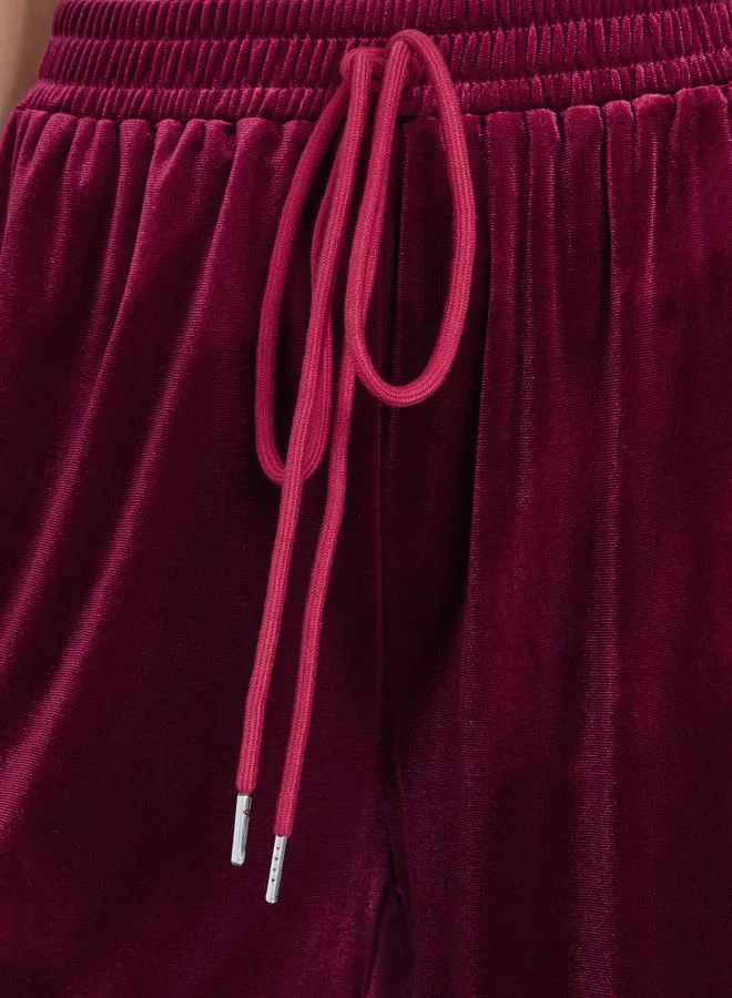 Styli Women Burgundy Plain Velvet Wide Leg Pants