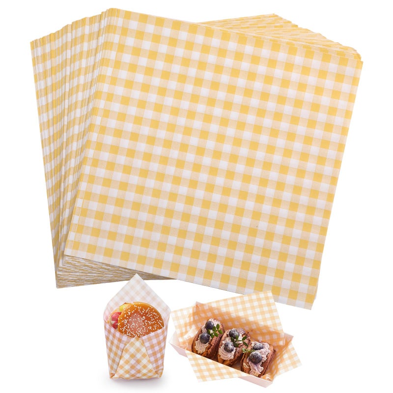 KIKISML 200 PCS Checkered Waxed Deli Paper Sheets 7  7 Inch Foodgrade Greaseproof Paper Food Basket Liners for Sandwiches Burgers Fries Wrapping for Party Festival and Outdoors  Yellow - Image 3