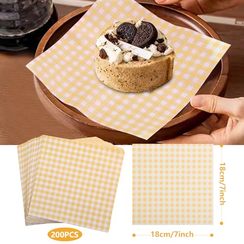 KIKISML 200 PCS Checkered Waxed Deli Paper Sheets 7  7 Inch Foodgrade Greaseproof Paper Food Basket Liners for Sandwiches Burgers Fries Wrapping for Party Festival and Outdoors  Yellow - Image 5