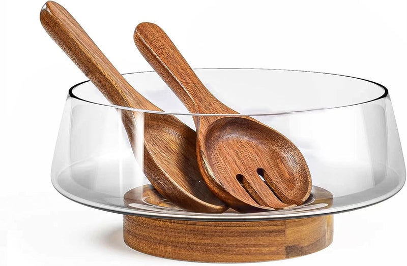 KITEISCAT Extra Large Glass Salad Bowl Set  Party Salad Bowls with Acacia Wood Base and Serving Utensils  Elegant and Practical Kitchen MustHave - Image 1