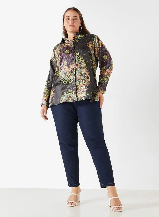 Ulla Popken Plus Size Ulla Popken Printed Shirt with Collar and Long Sleeves