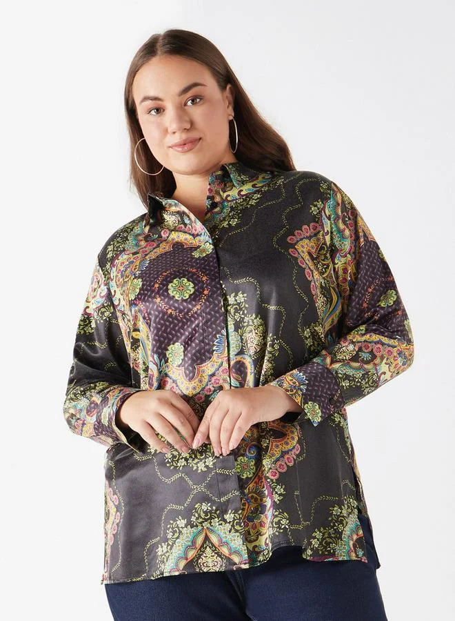 Ulla Popken Plus Size Ulla Popken Printed Shirt with Collar and Long Sleeves
