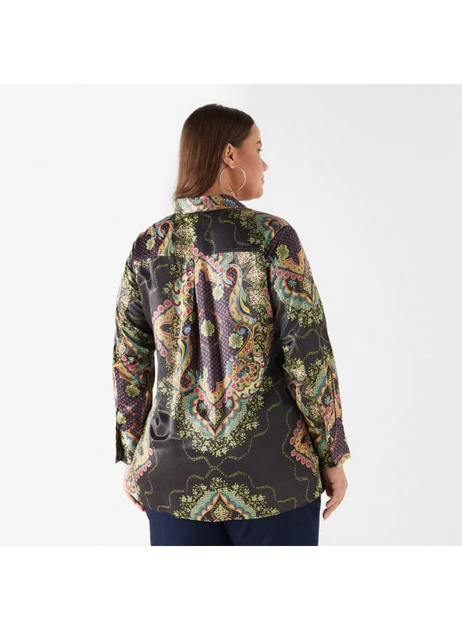 Ulla Popken Plus Size Ulla Popken Printed Shirt with Collar and Long Sleeves