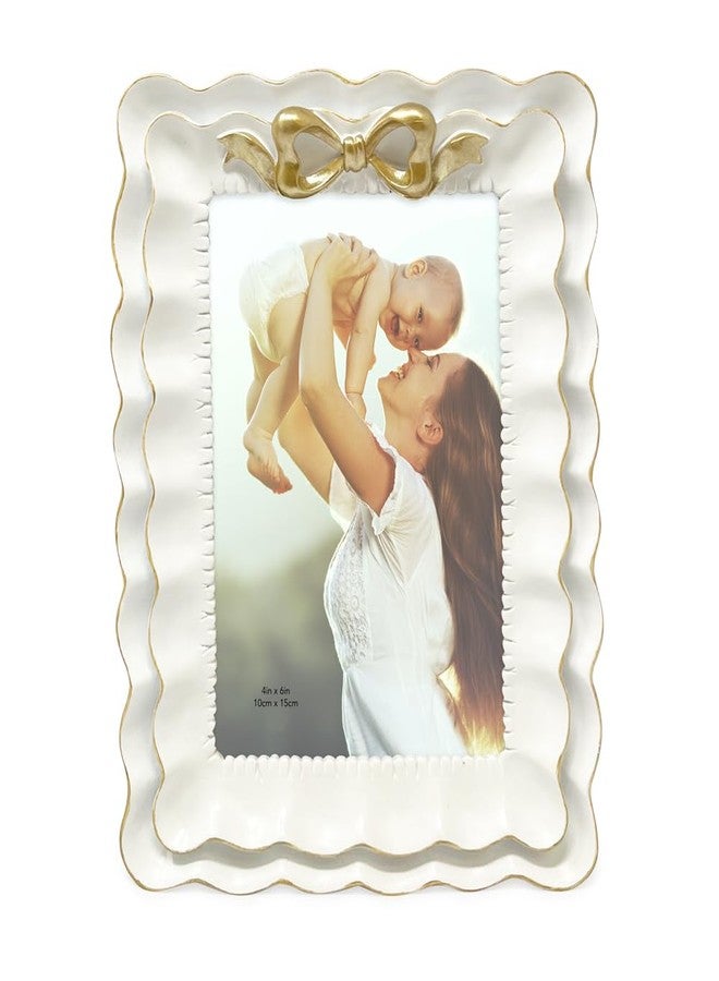 Isaac Jacobs 4x6 White With Gold Resin Picture Frame, Layered Double Ruffle Wave Design with Bow, Tabletop & Wall Display Photo Frame, Home Décor, Art, Photo Gallery (4x6, White With Gold) - Image 2