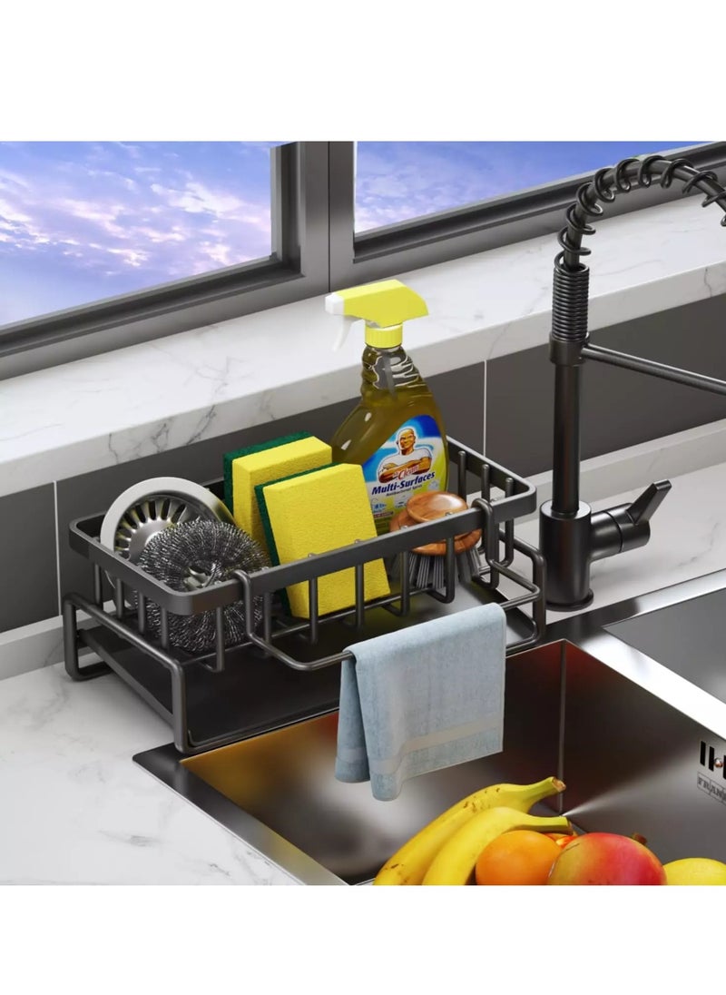 KCDMBUE Sink Caddy, Stainless Steel Kitchen Sink Organizer, Soap Dispenser with Drain Tray, Sponge Holder and Towel Rack for Sink Storage（Black)  - Image 1