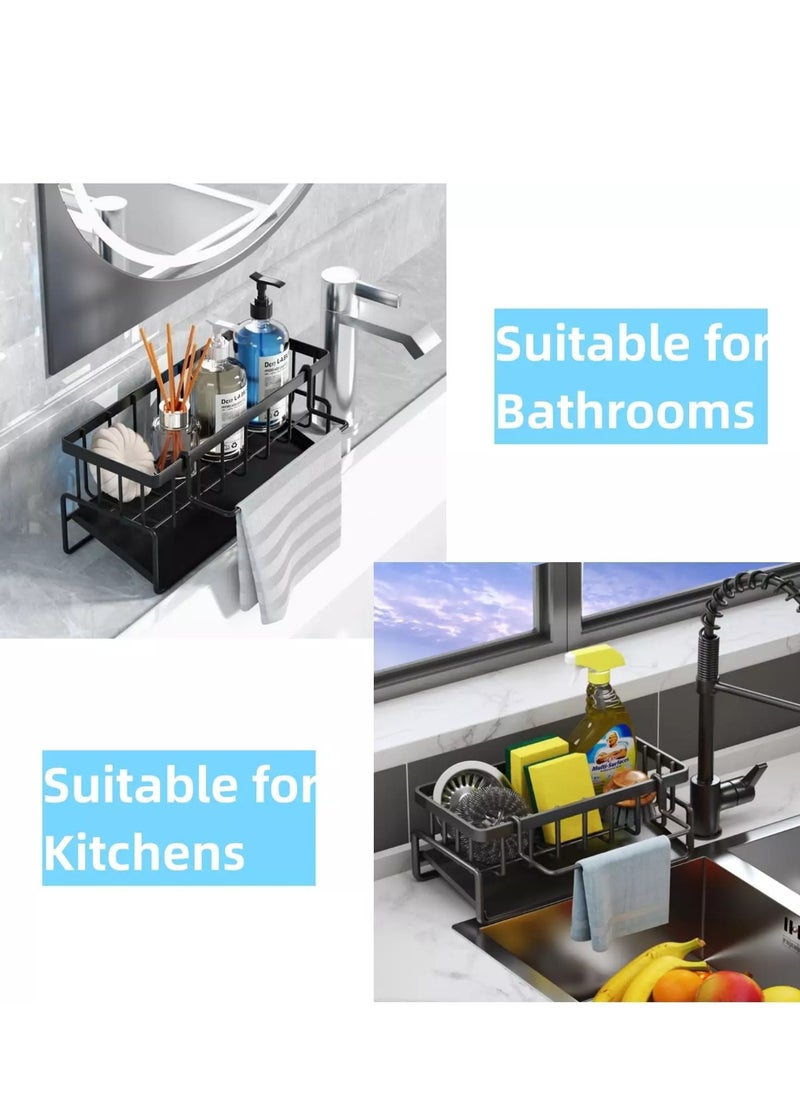 KCDMBUE Sink Caddy, Stainless Steel Kitchen Sink Organizer, Soap Dispenser with Drain Tray, Sponge Holder and Towel Rack for Sink Storage（Black)  - Image 3