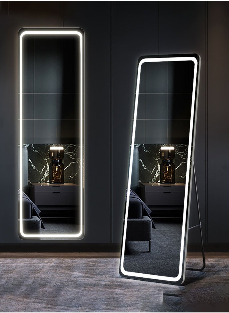 fashionhome LED Mirror Modern Full Length Mirror Standing Hanging or Leaning Against Wall Floor Mirror Dressing Mirror Wall Mounted Mirror Aluminum Alloy Thin Black Frame 3 Color LED 50x160cm Type A  - Image 1