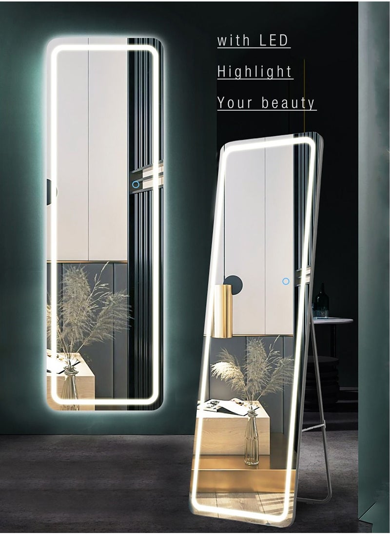 fashionhome LED Mirror Modern Full Length Mirror Standing Hanging or Leaning Against Wall Floor Mirror Dressing Mirror Wall Mounted Mirror Aluminum Alloy Thin Black Frame 3 Color LED 50x160cm Type A  - Image 2
