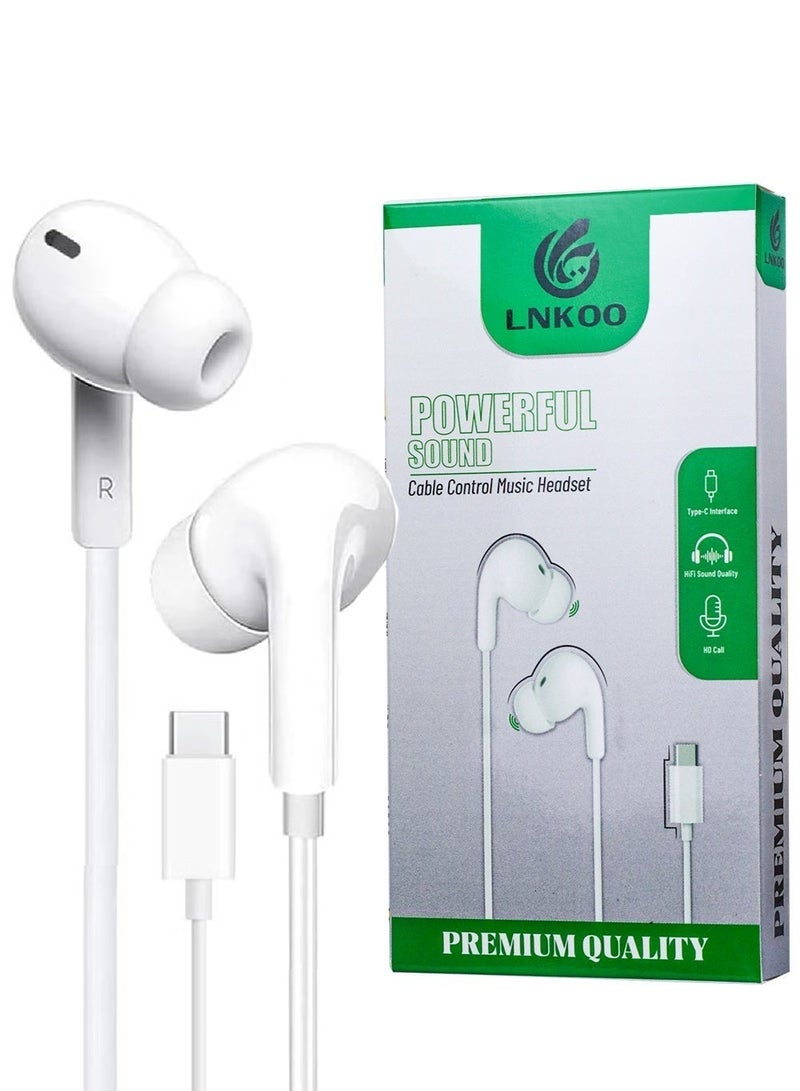LNKOO Wired Earphones with Built-in Microphone, USB-C Connector, High-Quality Sound, Comfortable In-Ear Design, Includes Two Silicone Ear Tips (Medium and Large), Compatible with Samsung Galaxy, Google Pixel, Apple iPhone 15, iPad, MacBook, and other USB-C enabled devices - White Color - Image 1